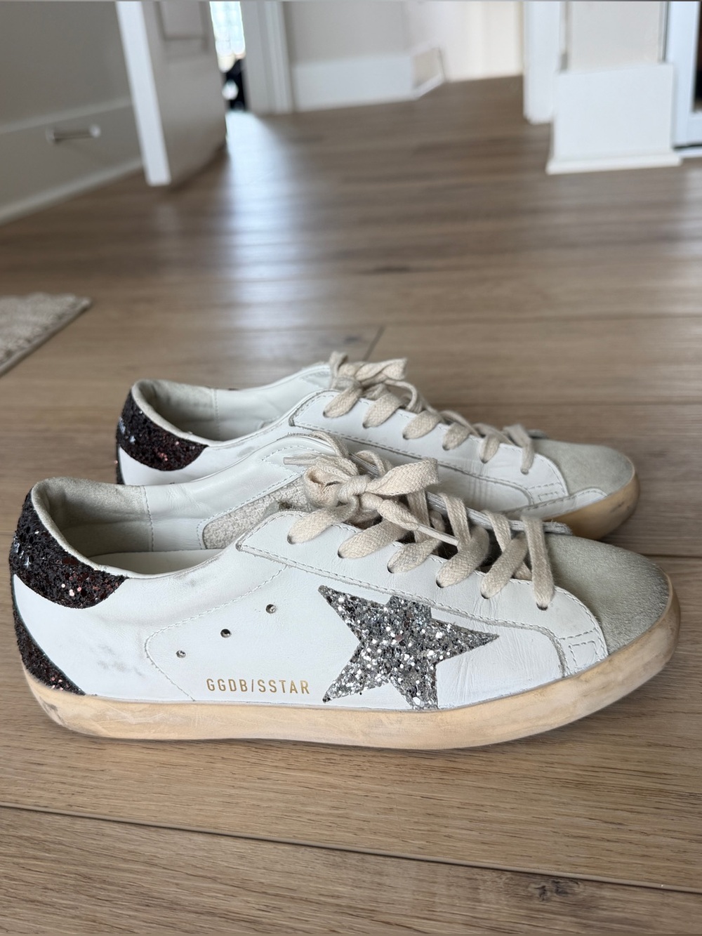 Golden Goose White Leather Super-Star Sneakers w/ Silver & Brown Glitter - Picture 2 of 6